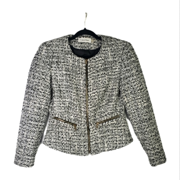 Calvin Klein Womens Tweed Zipper Front Jacket Black & White Tweed Size 2 - Picture 1 of 10